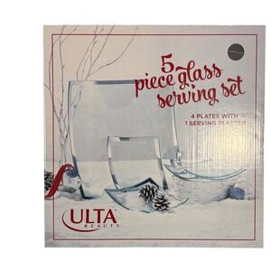 5 Piece Clear Glass Serving Set 4 Plates 1 Platter Square Curve Silver Rim Party